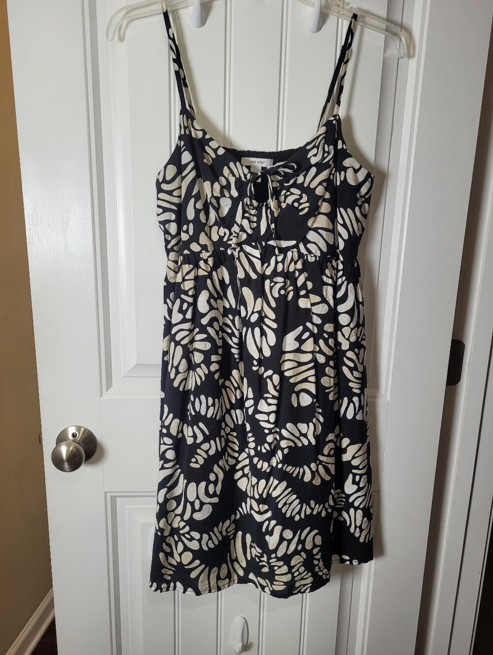 Nine West Black and Cream Abstract Print Spaghetti Strap Mini Dress
